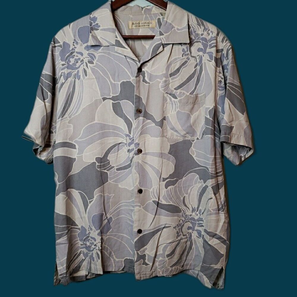 Island Republic Camp Shirt Mens Size XL Gray Hawaiian Silk Floral Short Sleeve